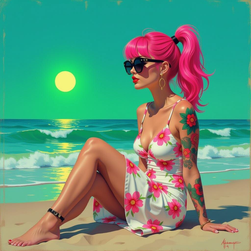 Pop Surrealist Beach Scene with Neon Lights