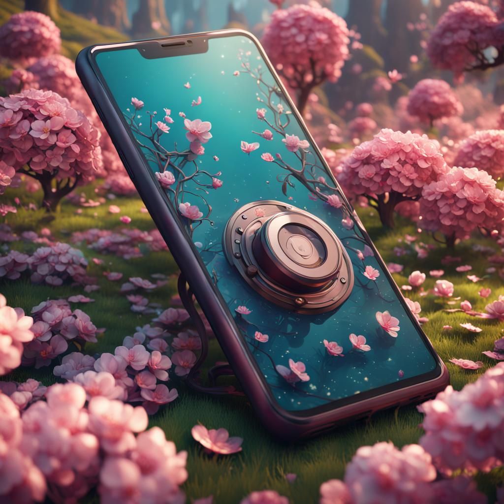 Phone Surrounded by Blossoms in Detailed Matte Painting