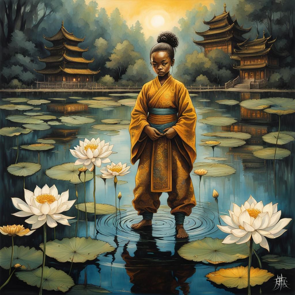 Bioluminescent Shaolin Monk on Lotus Pond