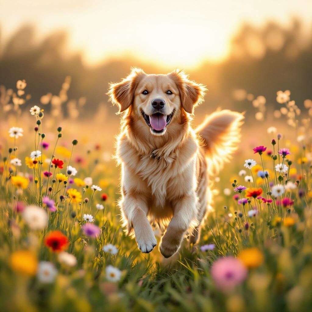 Golden Retriever Joyfully Hops Through Sunlit Meadow