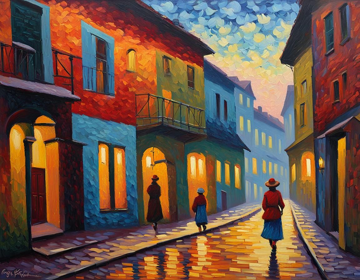 Woman Walking at Dawn in Expressionist Style