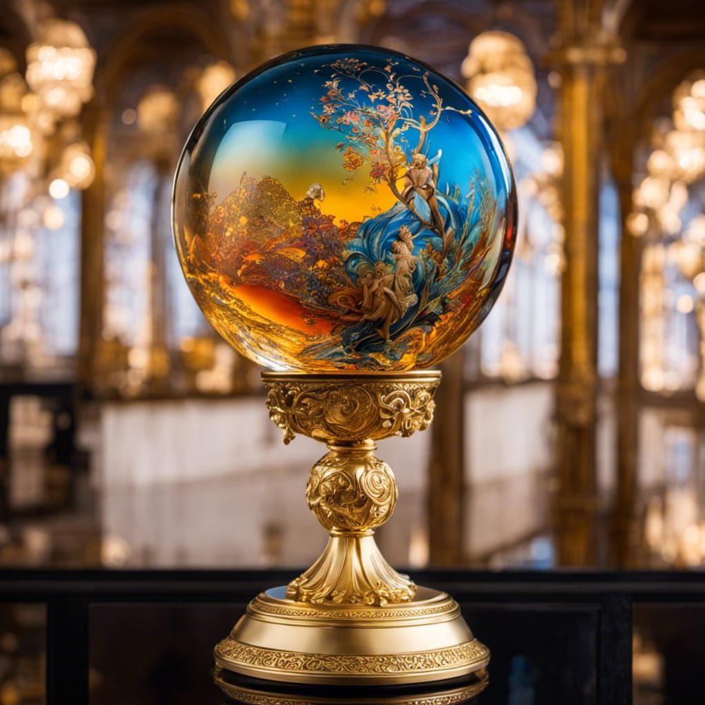 Shimmering Glass Sphere on Golden Art Nouveau Trophy