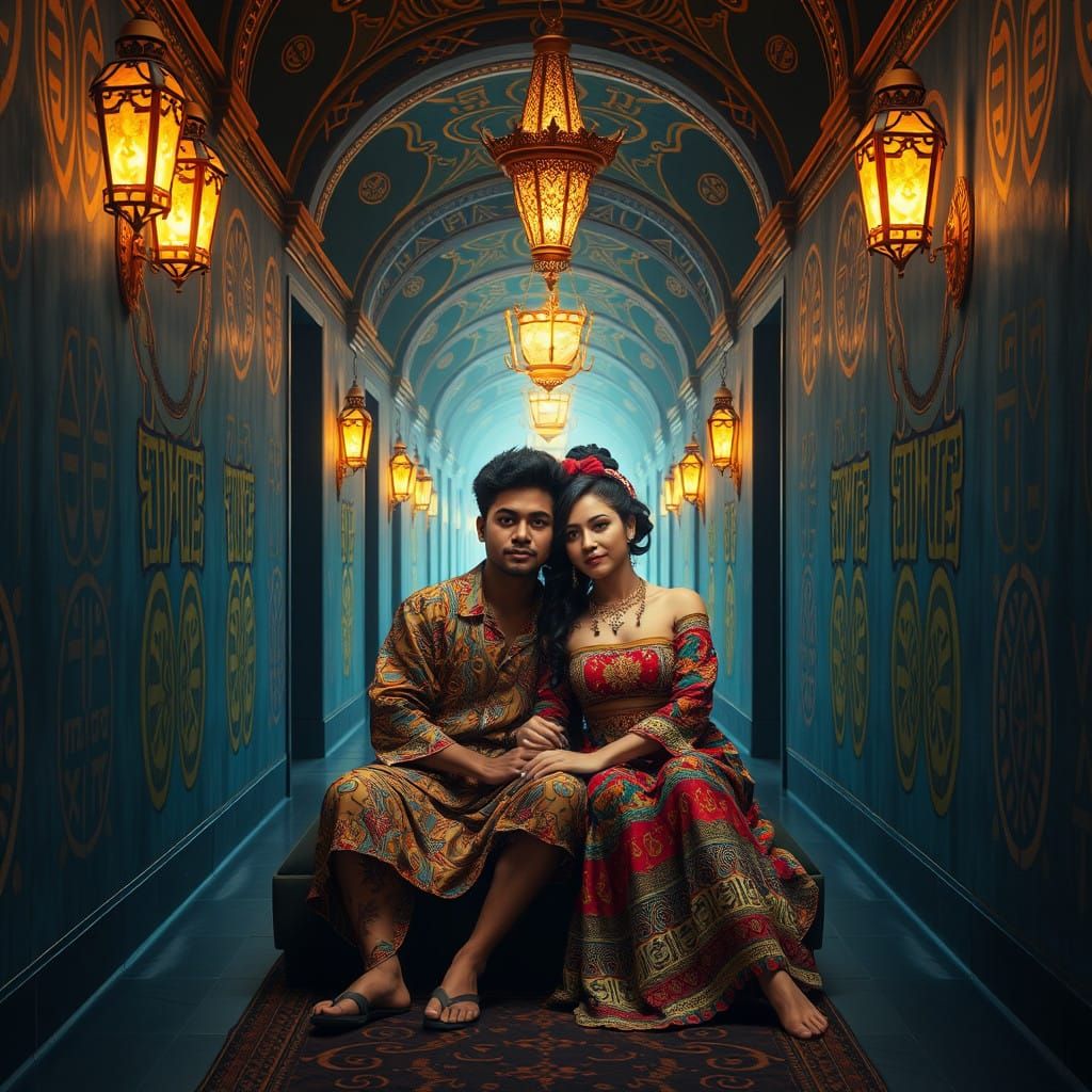 Mystical Couple in a Dreamlike Grand Hall