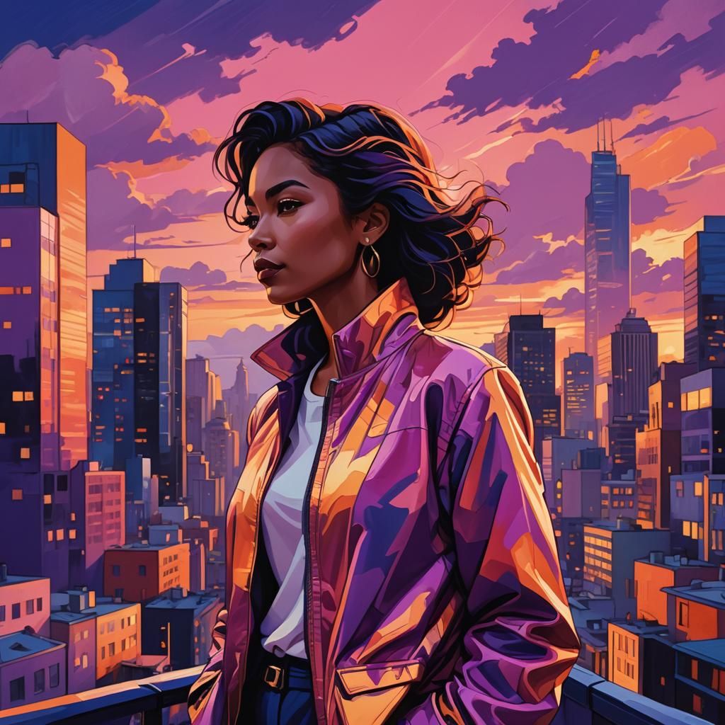 Woman in Cityscape Sunset: Maximalist Pop Art