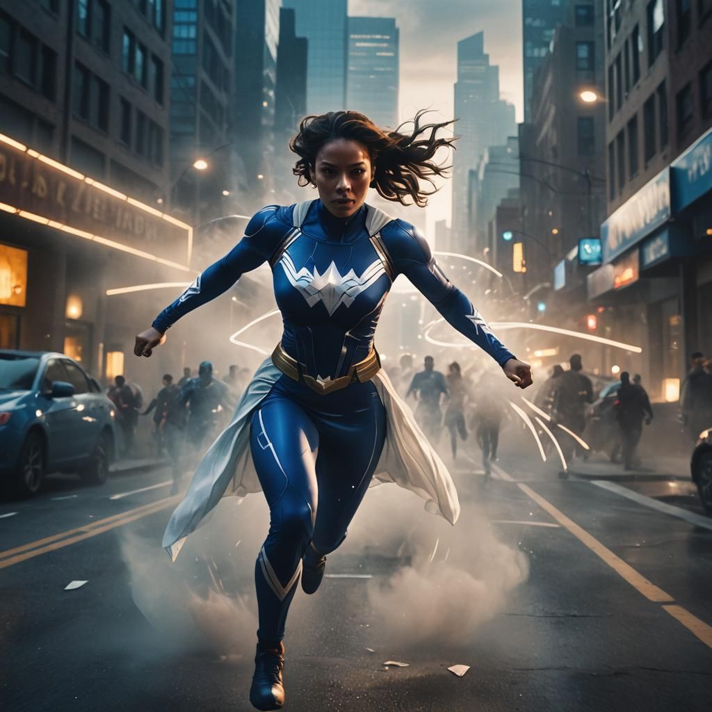 Energetic Superhero in Misty Cityscape at Dusk