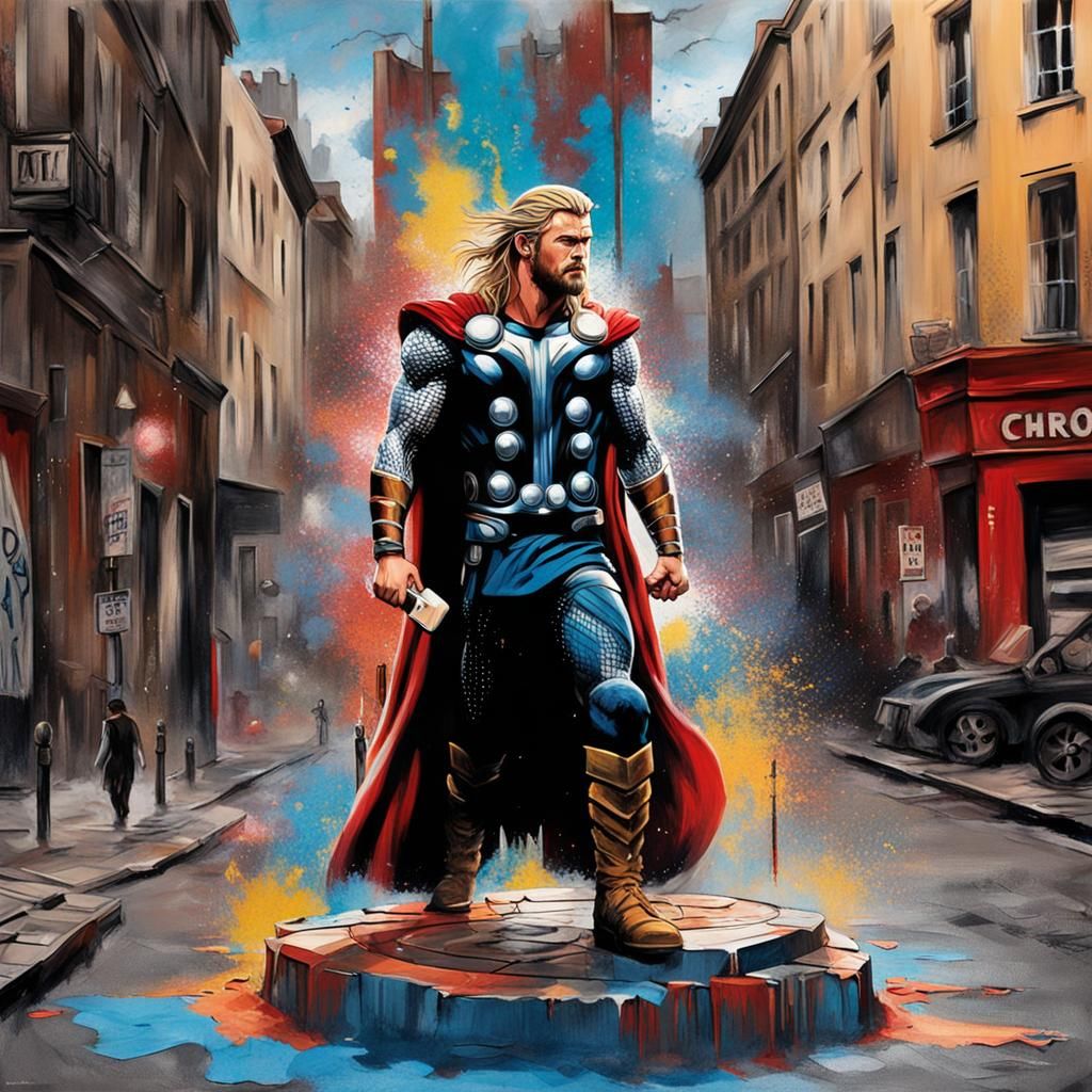 Thor Standing in Street at Dusk: 3D Render