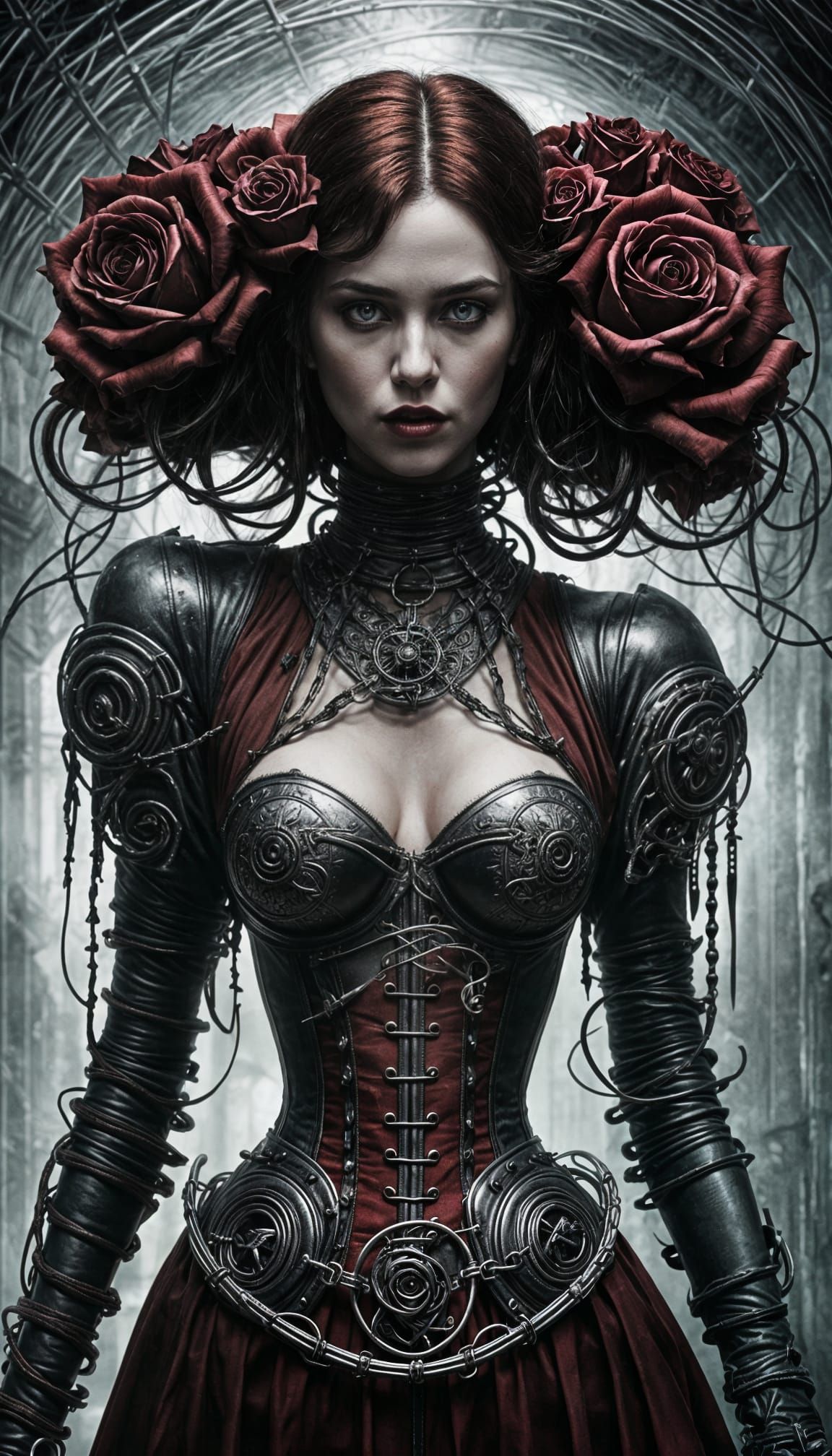 Gothic Woman in Red Corset: Dark Fantasy Portrait