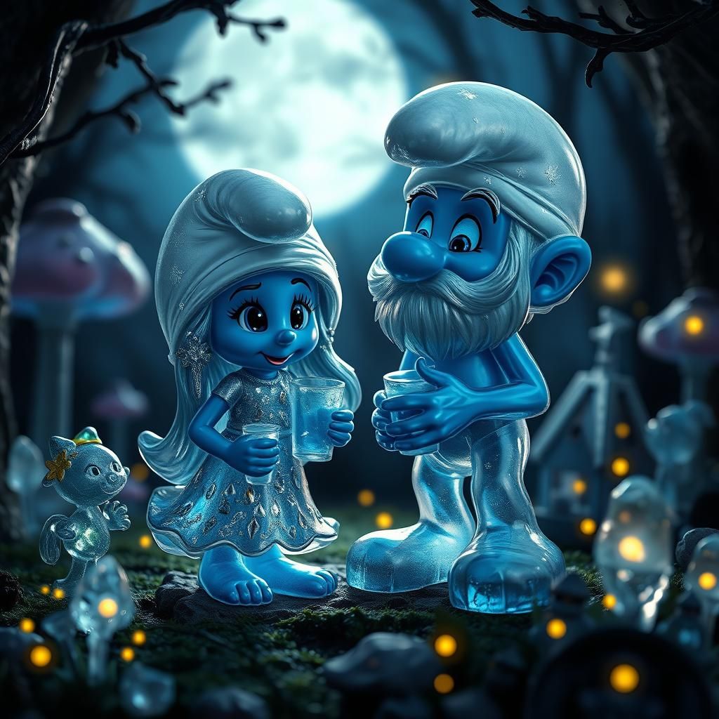 Radiant Glass Smurfs in Moonlit Forest: Hyperdetailed Art