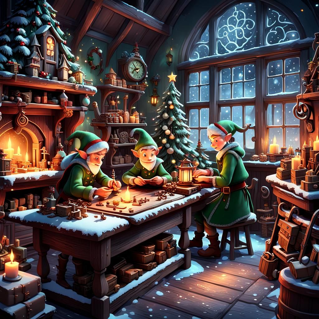 Elves Crafting Gifts in Cozy Christmas Workshop