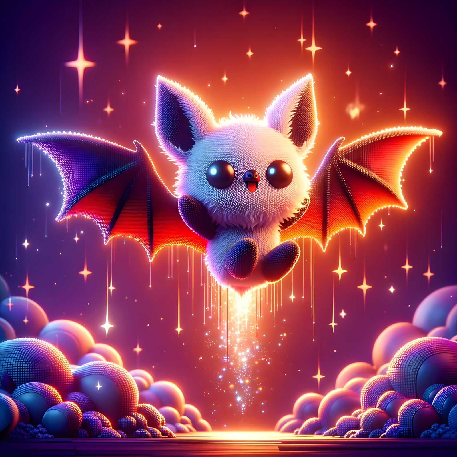 Cute Flying Bat: 3D Render in Micro Pixel Art Style