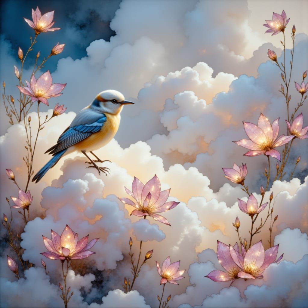 Ethereal Songbird on Cloud with Glowing Flowers