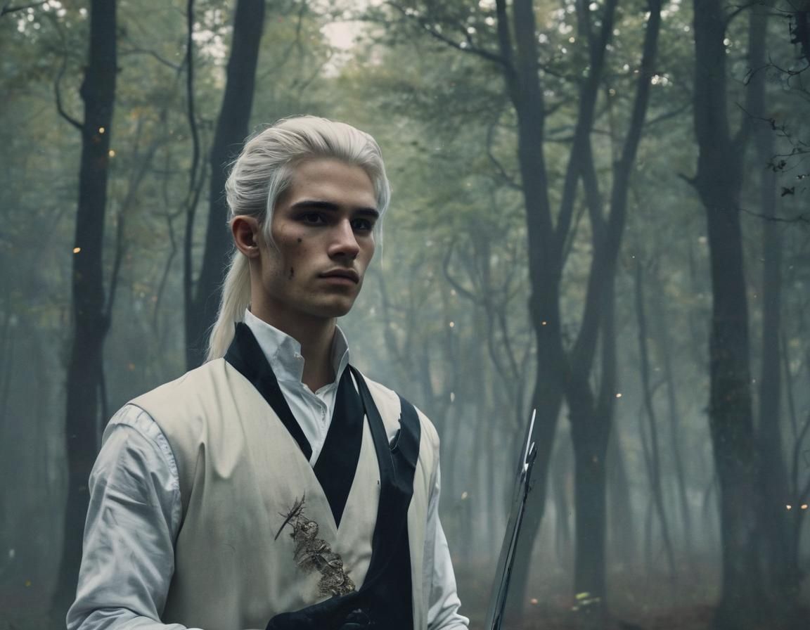 Fantasy Warrior with Sword in Dark Forest