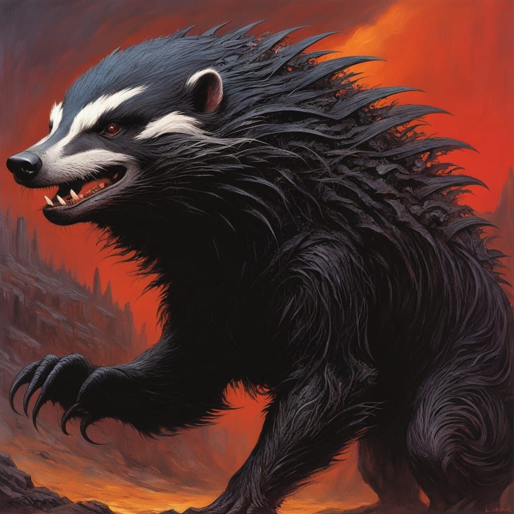 Fierce Dark Fantasy Honey Badger Hybrid in Semi-Realistic St...