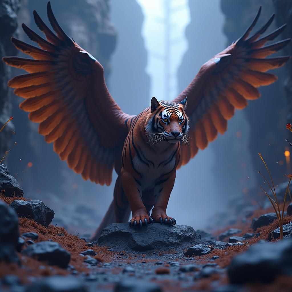 Majestic Eagle-Tiger Hybrid in Fantasy Landscape
