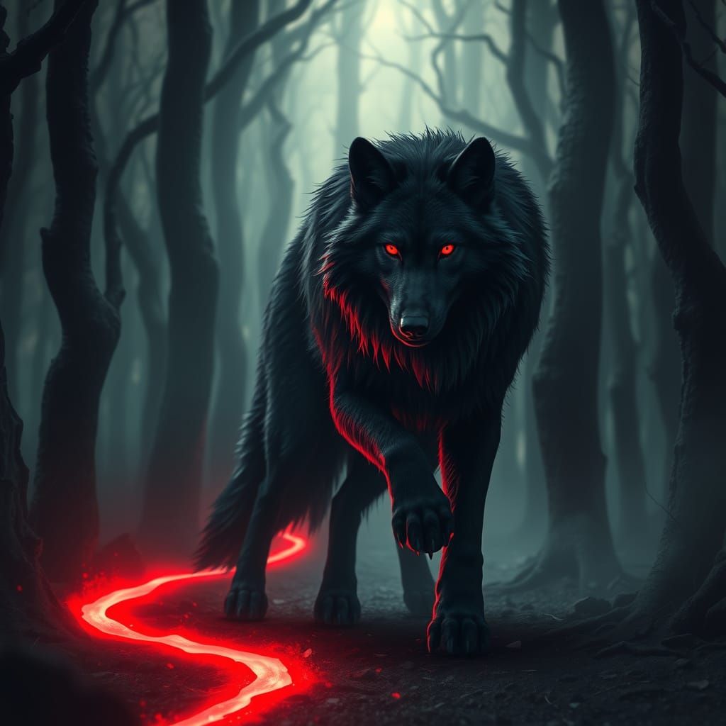Mystical Wolf Emerges from Shadowy Forest in Dramatic Pose