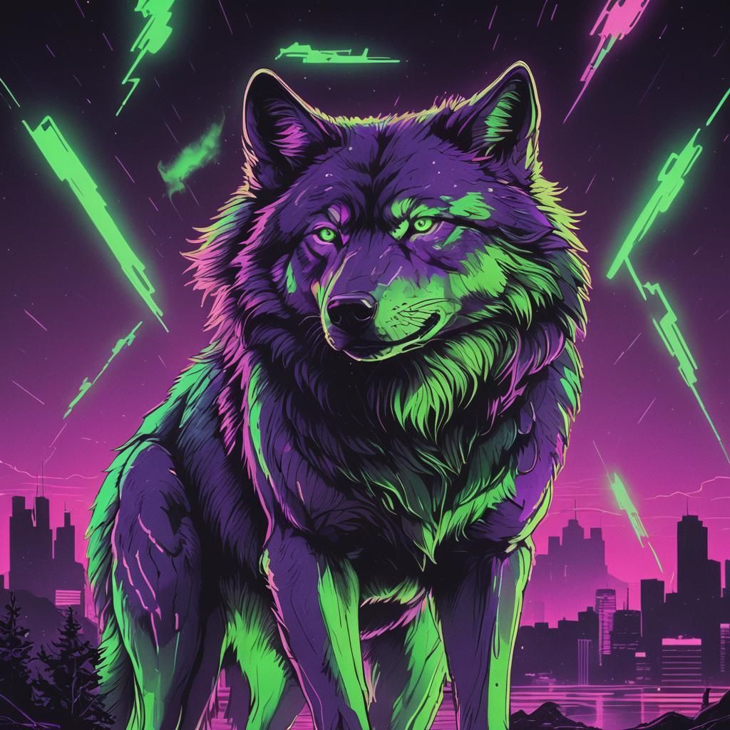 Wolf with Purple and Green Aura in Synthwave Style