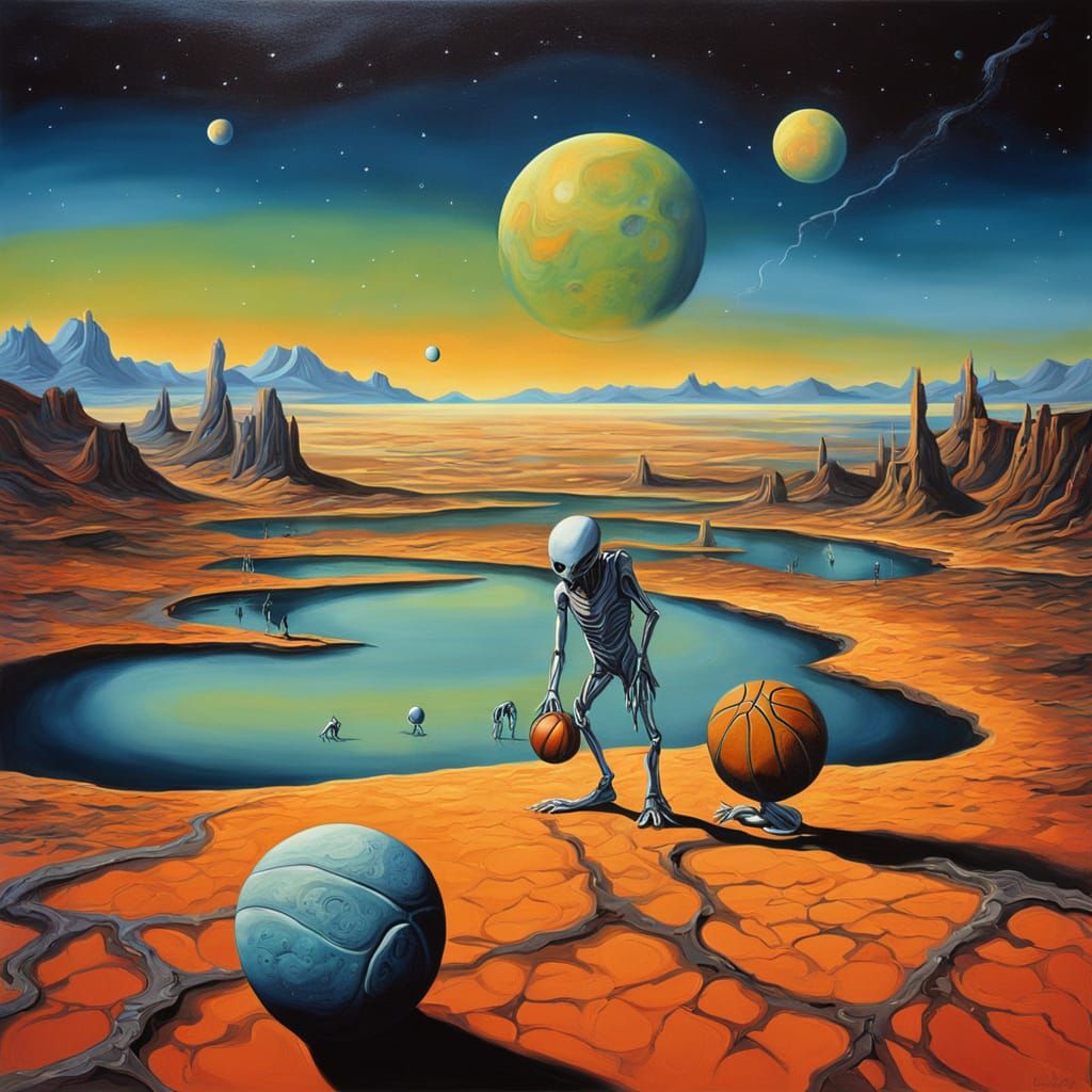 Surrealist Alien Dribbles Melting Basketball on Desolate Pla...