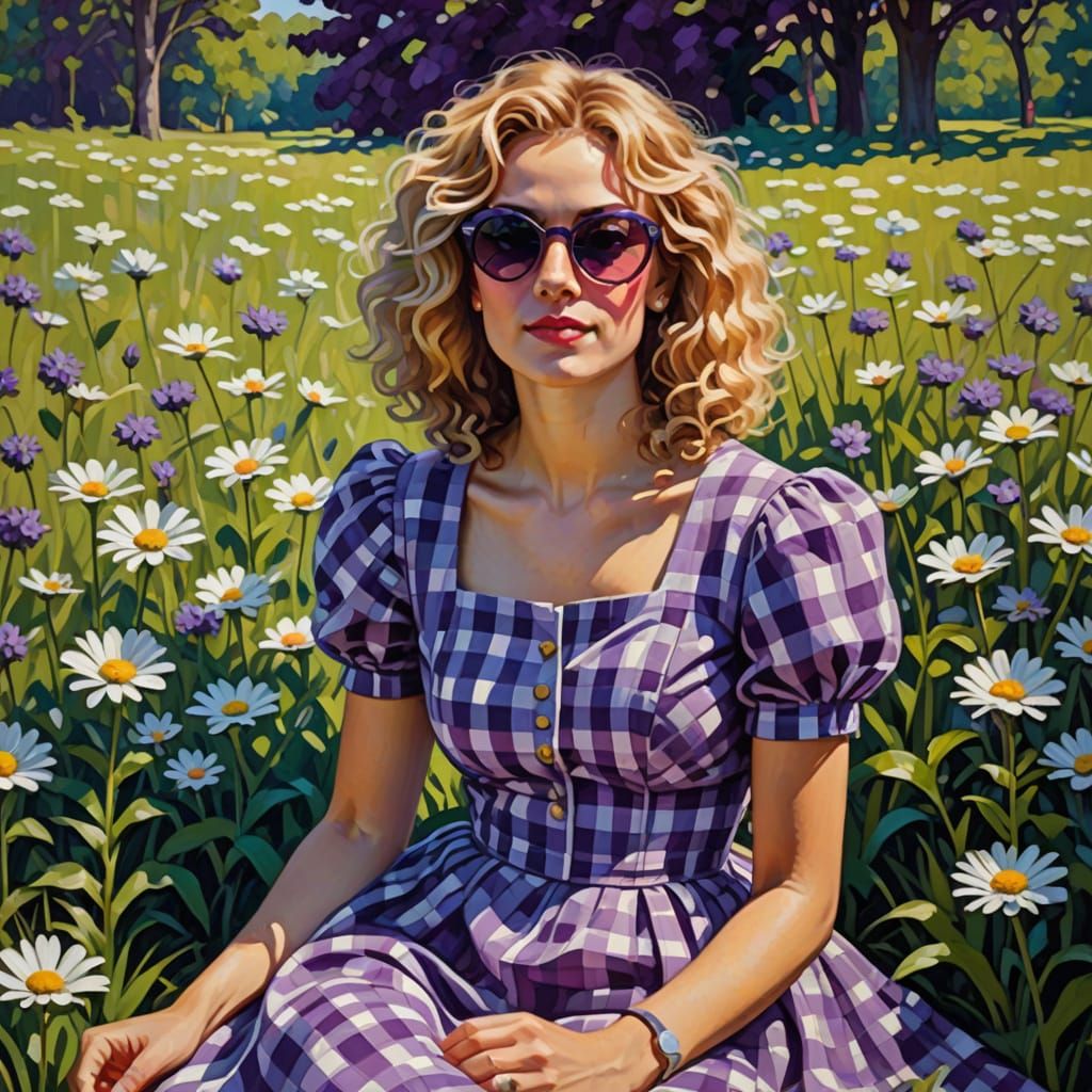 Woman in a Vibrant Purple Checkered Dress in a Serene Meadow