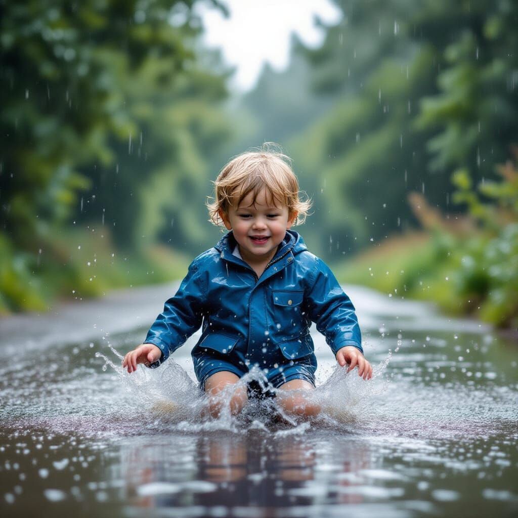 Boy Splashing in Rain Puddles