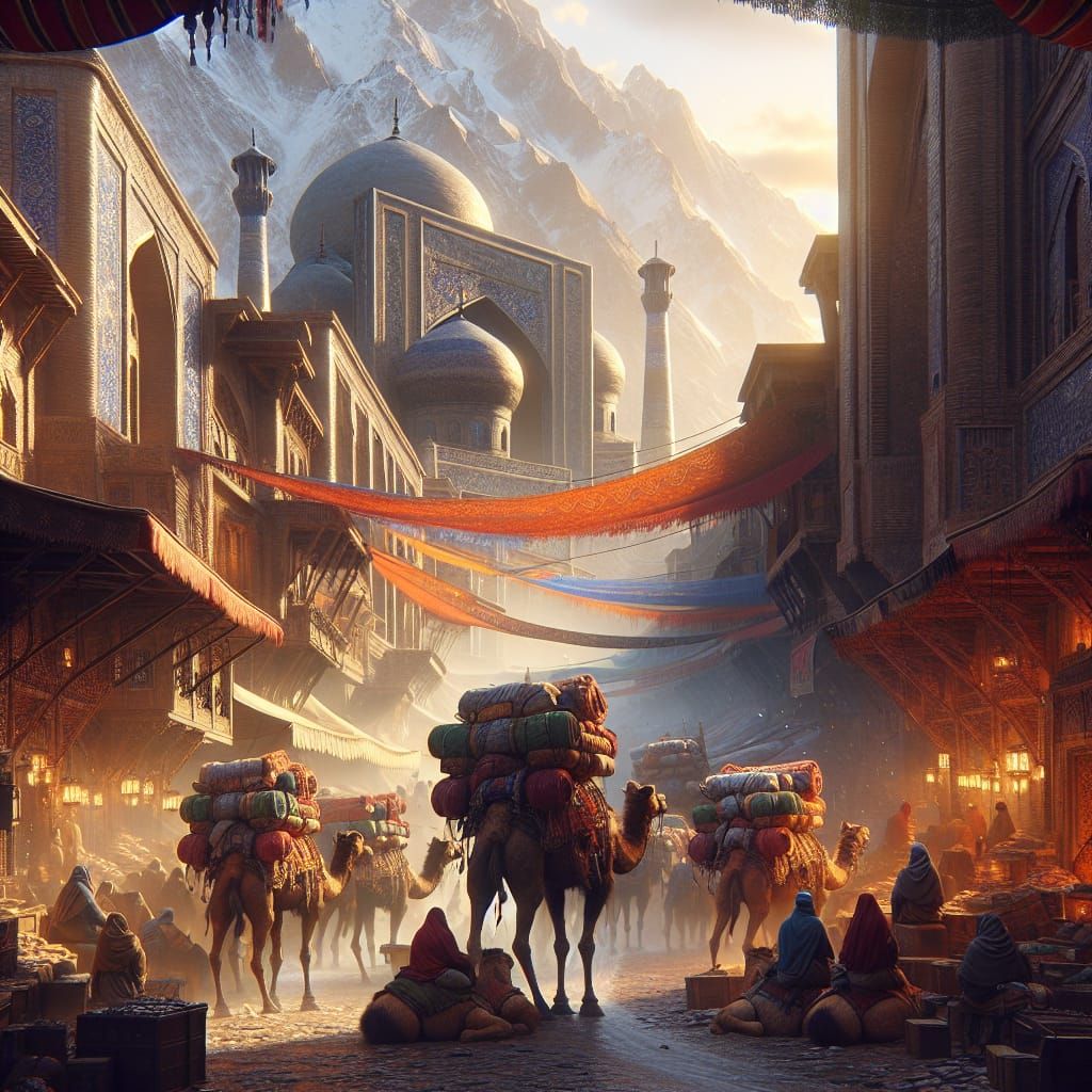 Bustling Caravan Scene on the Silk Road
