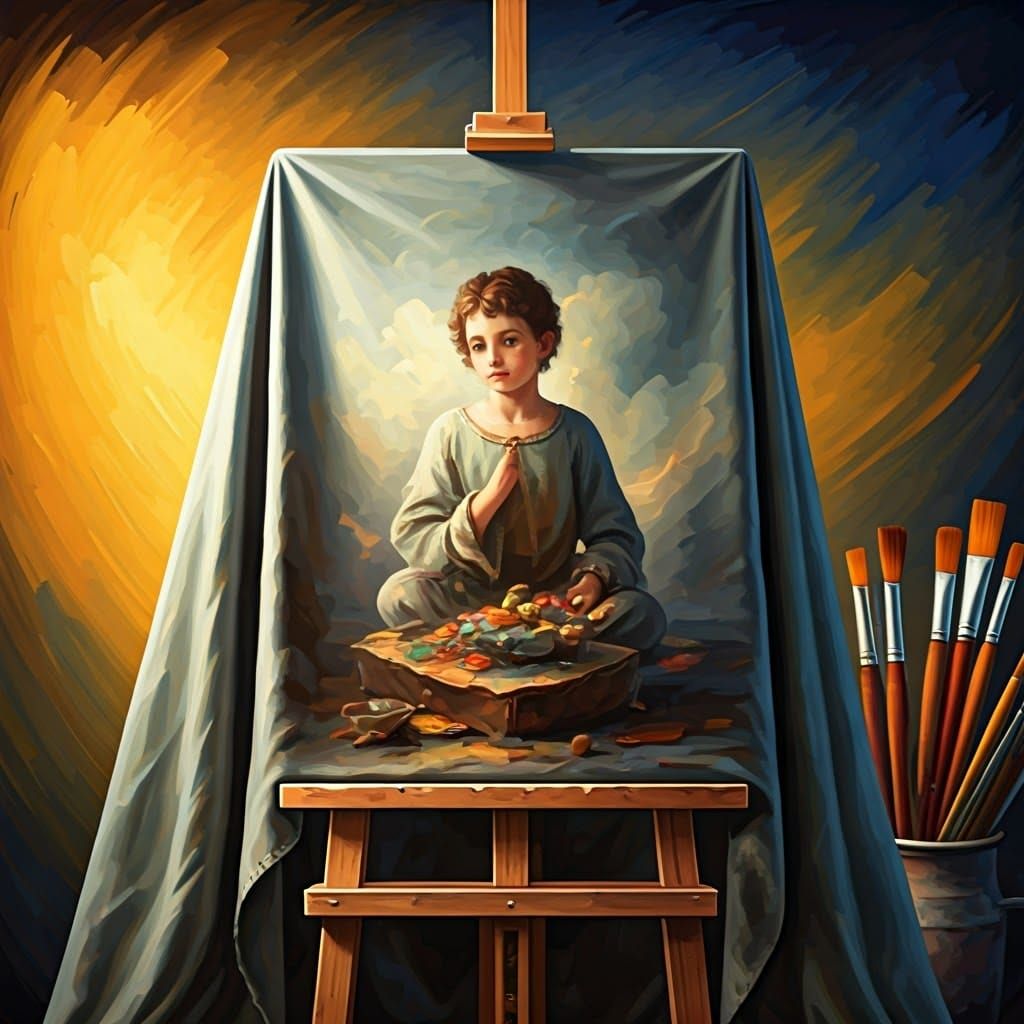 Easel and Brushwork in Yellow and Blue