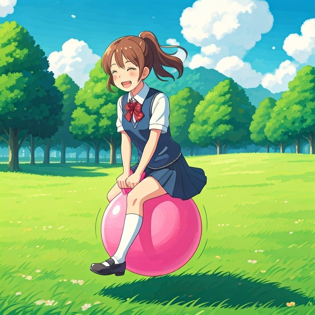 Bouncing Schoolgirl in Ghibli Anime Style