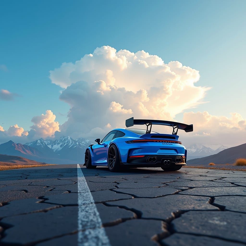 Vibrant Blue Sports Car on Mountain Road at Sunrise