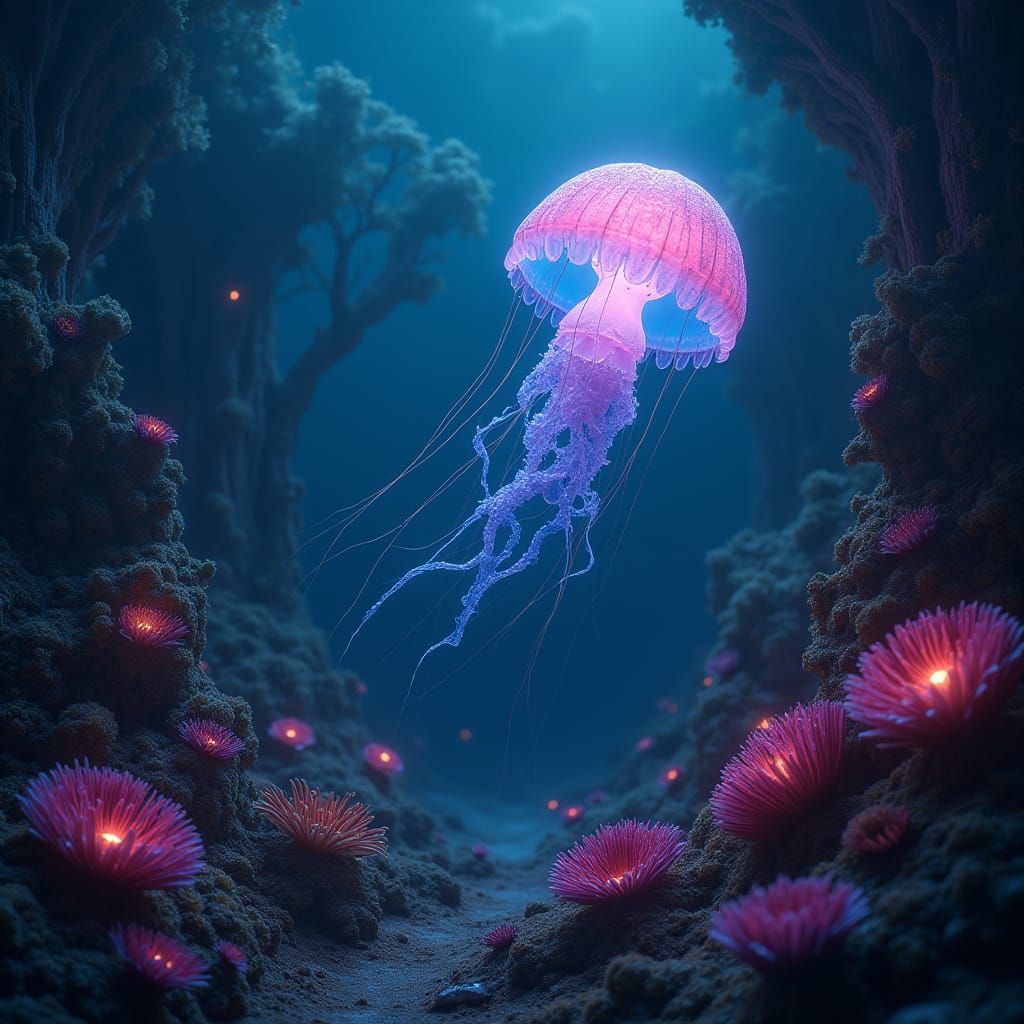 Bioluminescent Jellyfish in Alien Ocean: Hyperrealistic Imag...