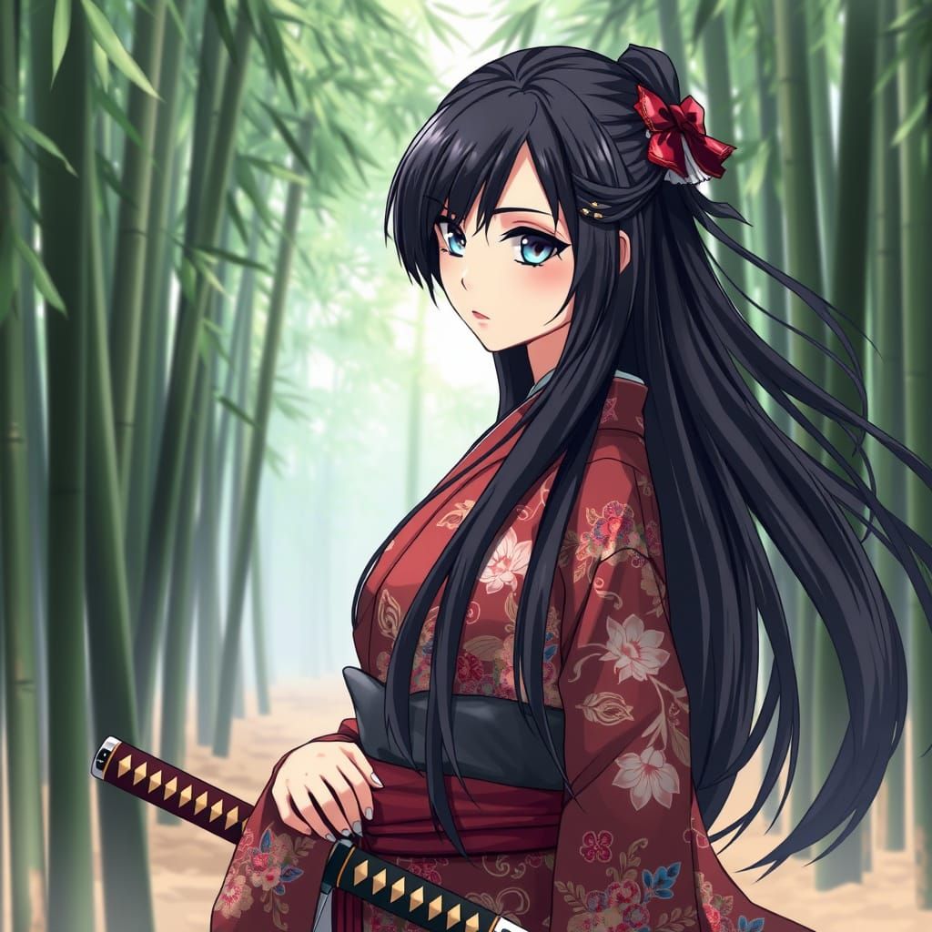 Serene Anime Samurai in Bamboo Forest