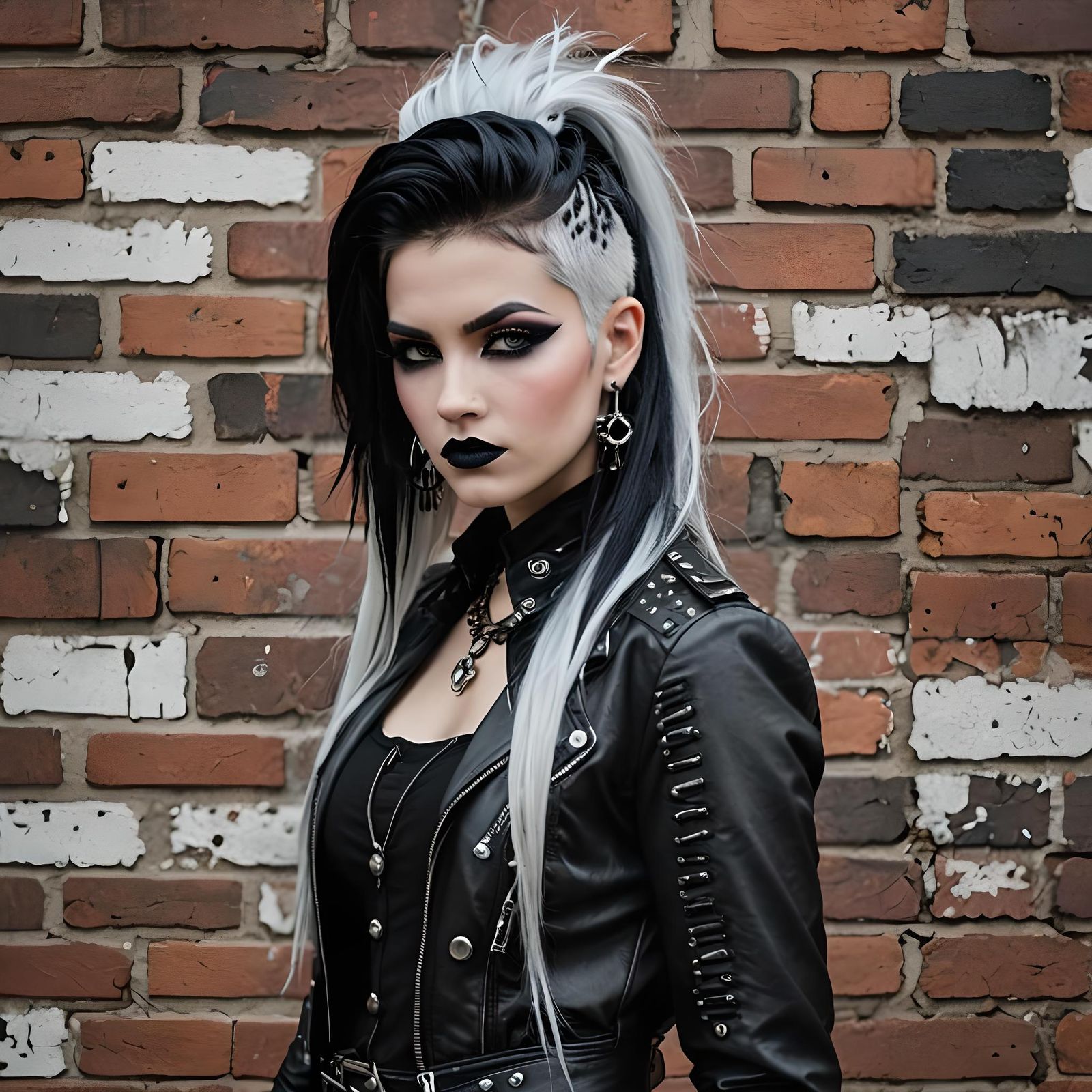 Goth Woman with Punk Makeup Against Brick Wall