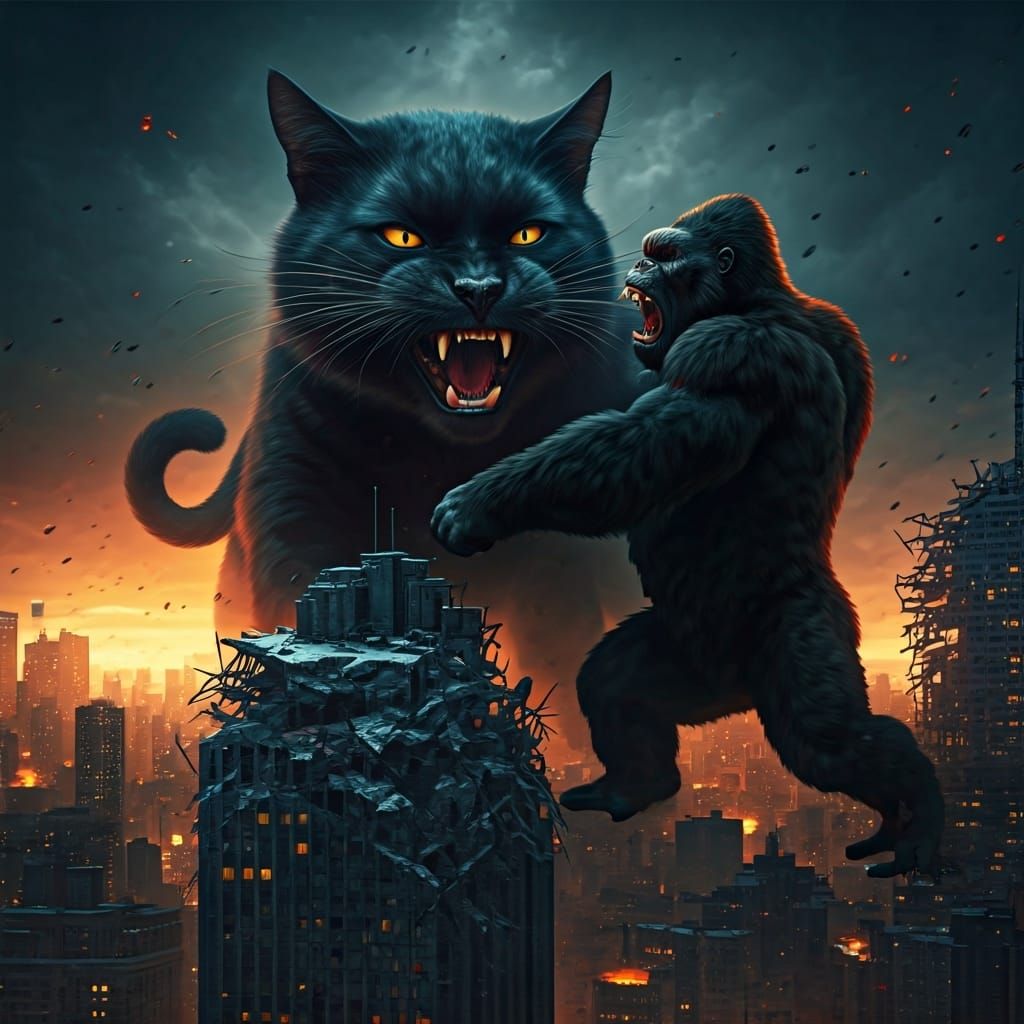 Epic Showdown: Giant Cat Versus Kong in Cinematic Realism