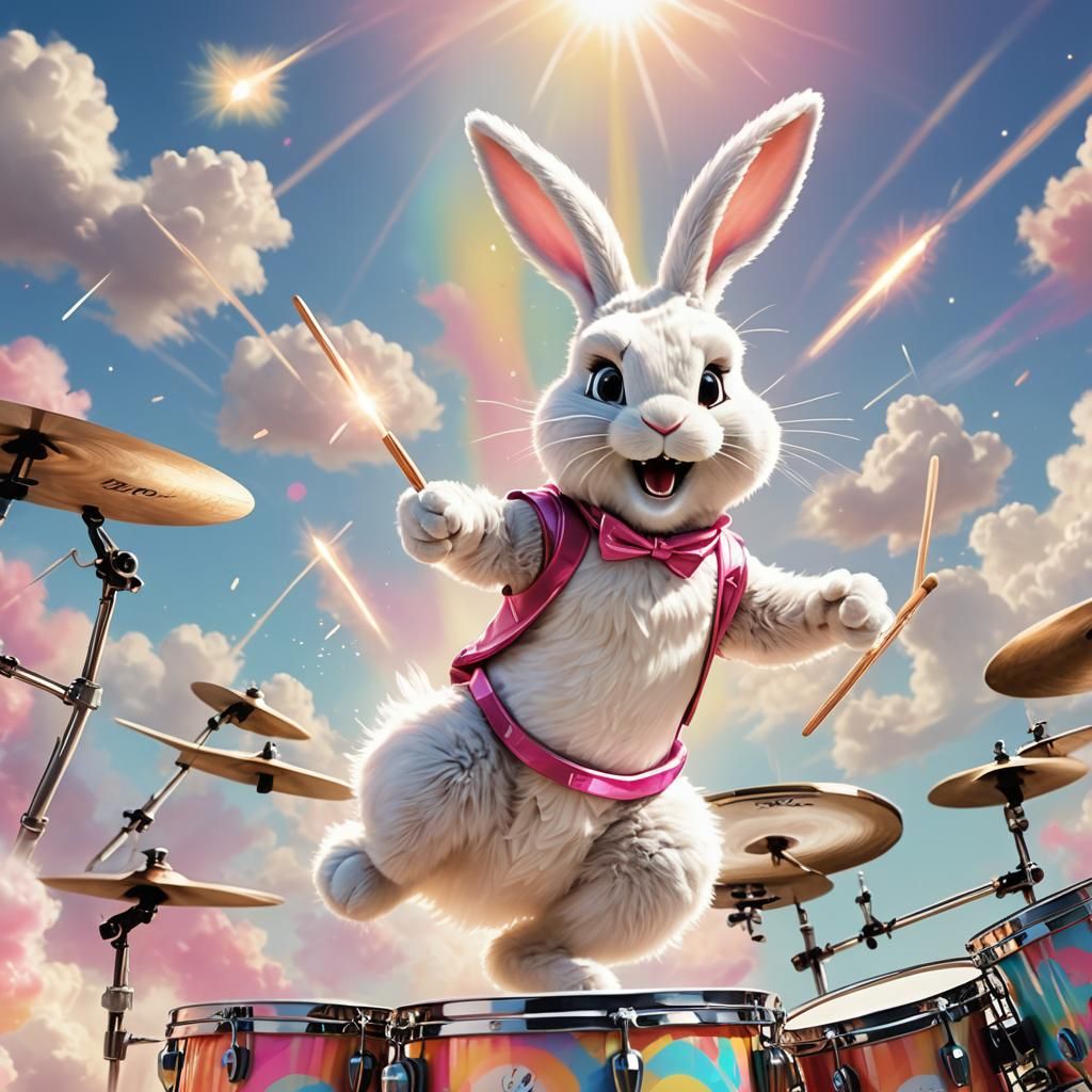 A pic of the Energizer Bunny playing 
the drums while jumpin...