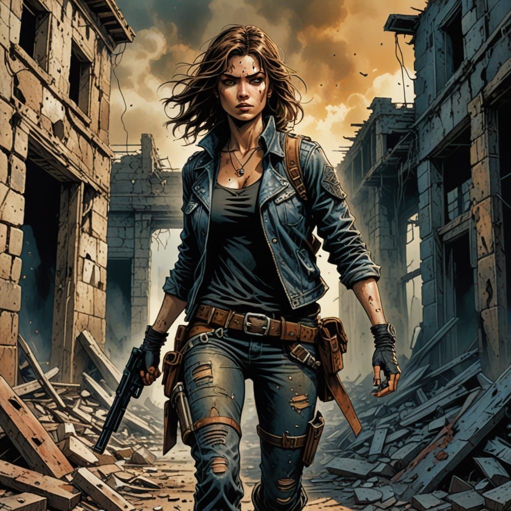 Female Wasteland Dweller with Pistol in Dark Fantasy Art