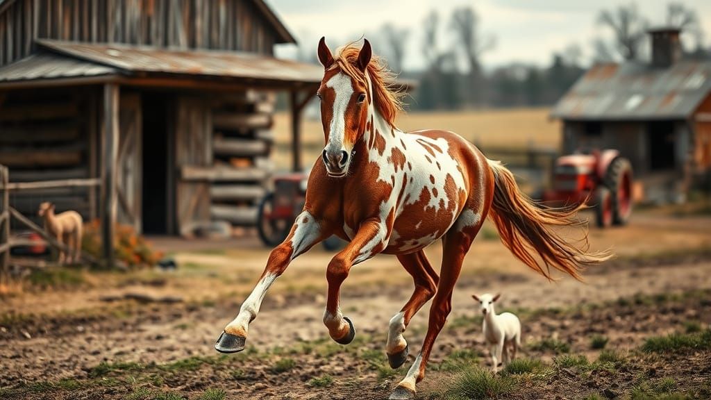 Galloping Red Roan Appaloosa Horse in Rustic Farm Landscape