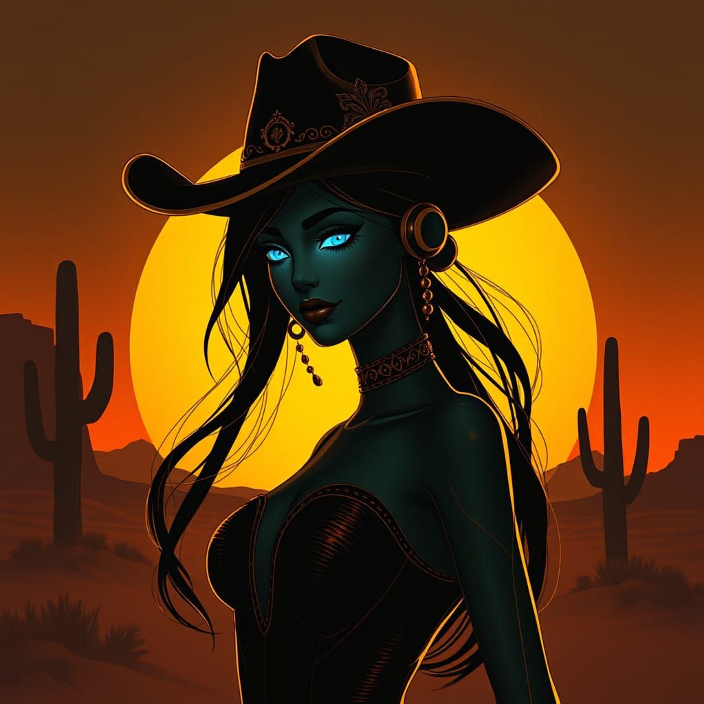 Art Nouveau Android Cowgirl Silhouette at Sunset