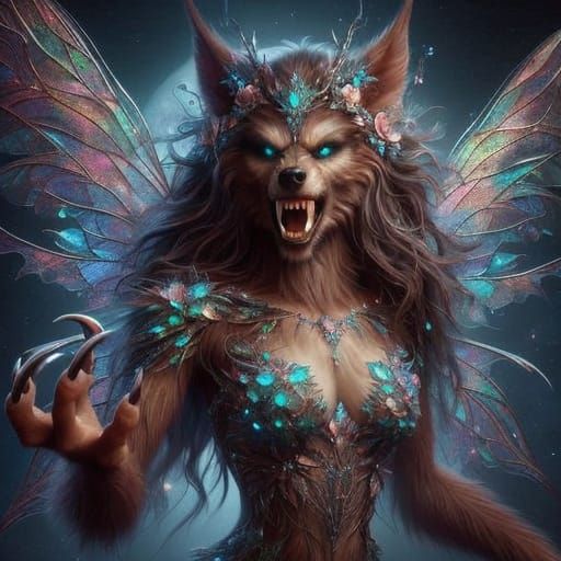 Majestic Female Werewolf with Opalescent Wings