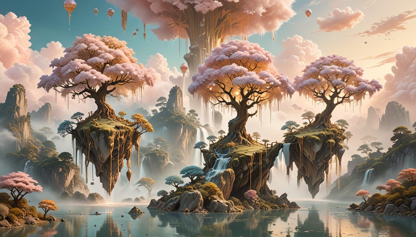 Surreal Floating Islands with Crystalline Trees and Gold