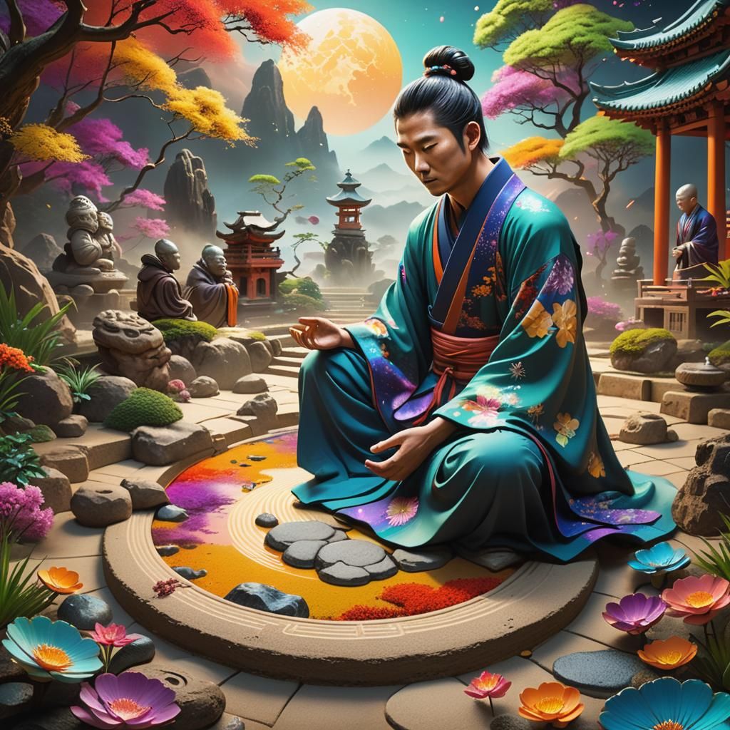Cosmic Zen Garden with Robed Figures, Hyperrealistic Splash ...