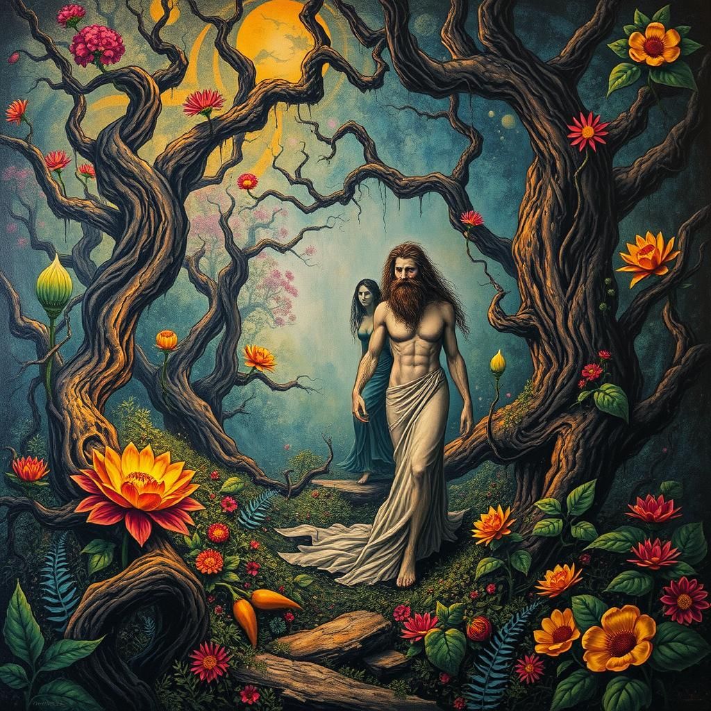 Adam and Eve in Surrealist Eden Garden