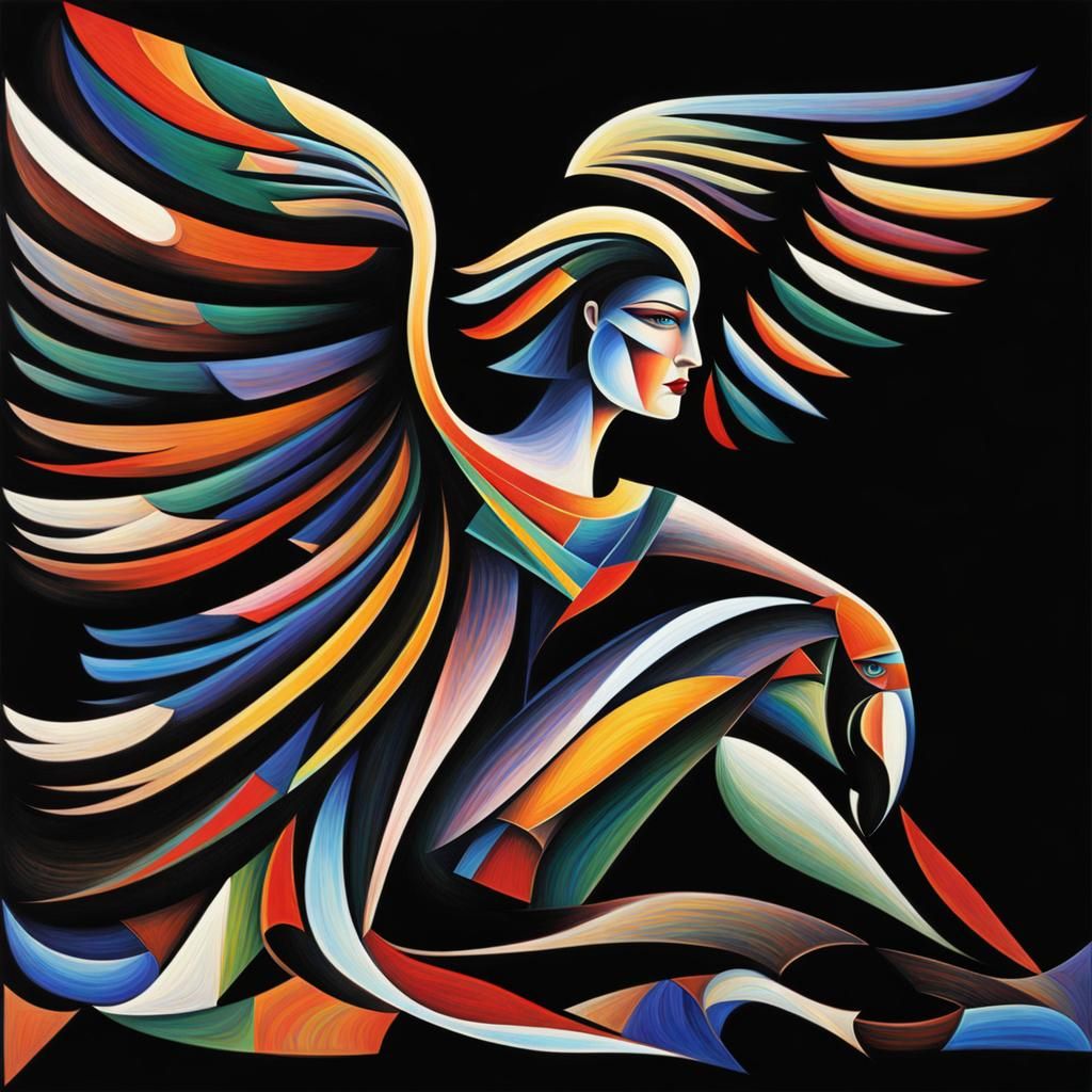 Abstract Cubist Thunderbird Woman in Black and Rainbow