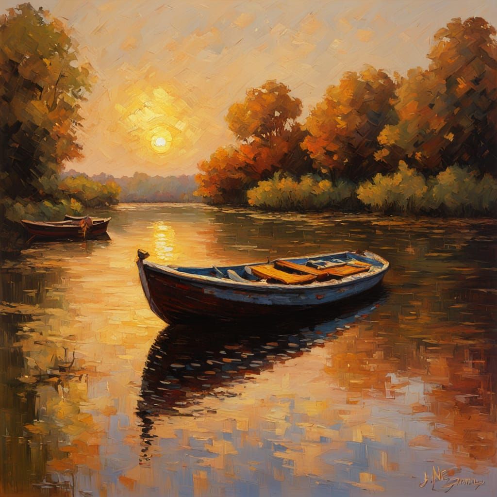 Baroque Boat on River as Impasto Oil Painting