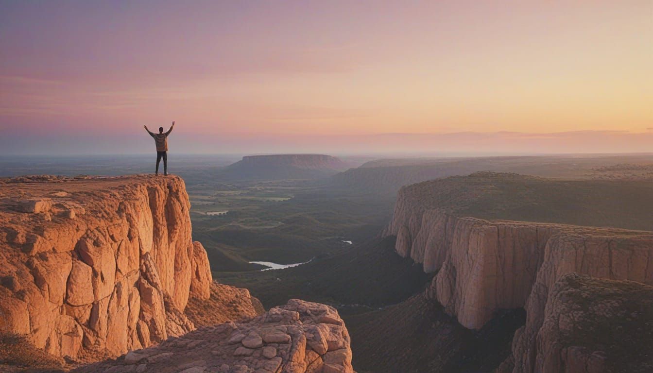 Triumphant Figure in Sunset Landscape