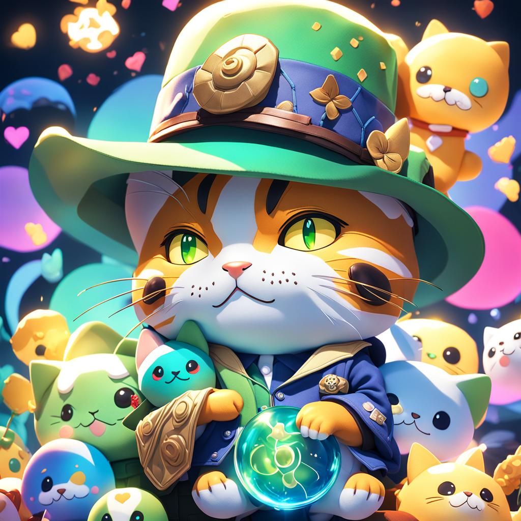 Anime Cool Cat Portrait with Fedora and Plush