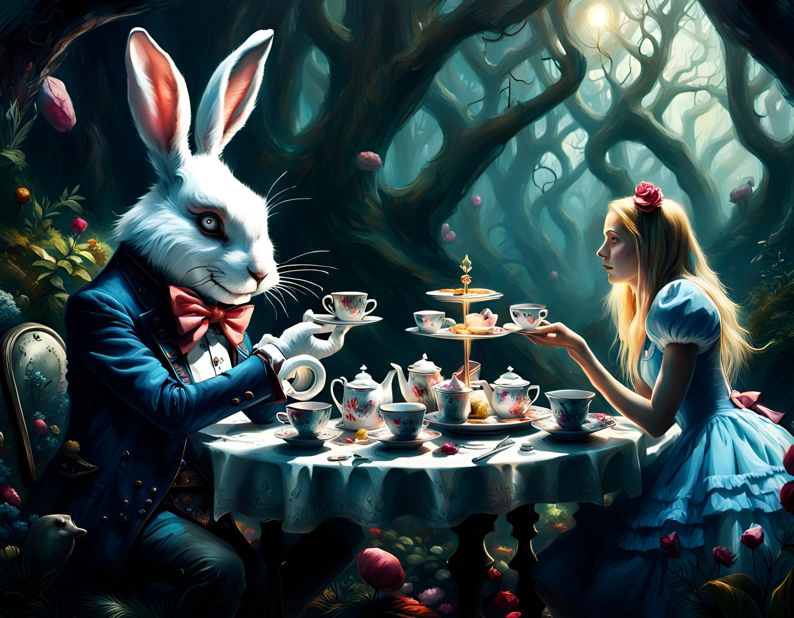 Alice's Dark Tea Party: Hyper-Realistic Digital Art