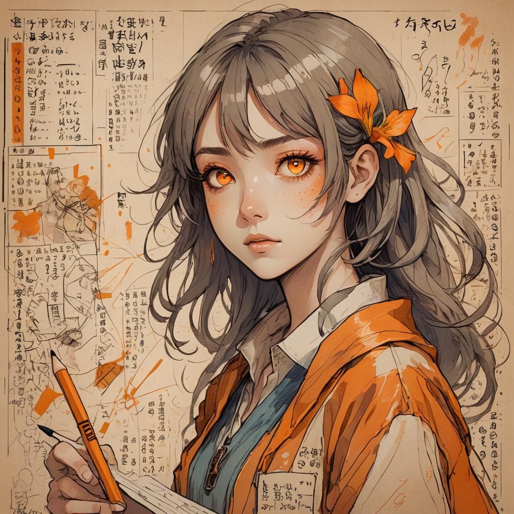 Manga Girl Examines Character Sheet with Orange Eyes