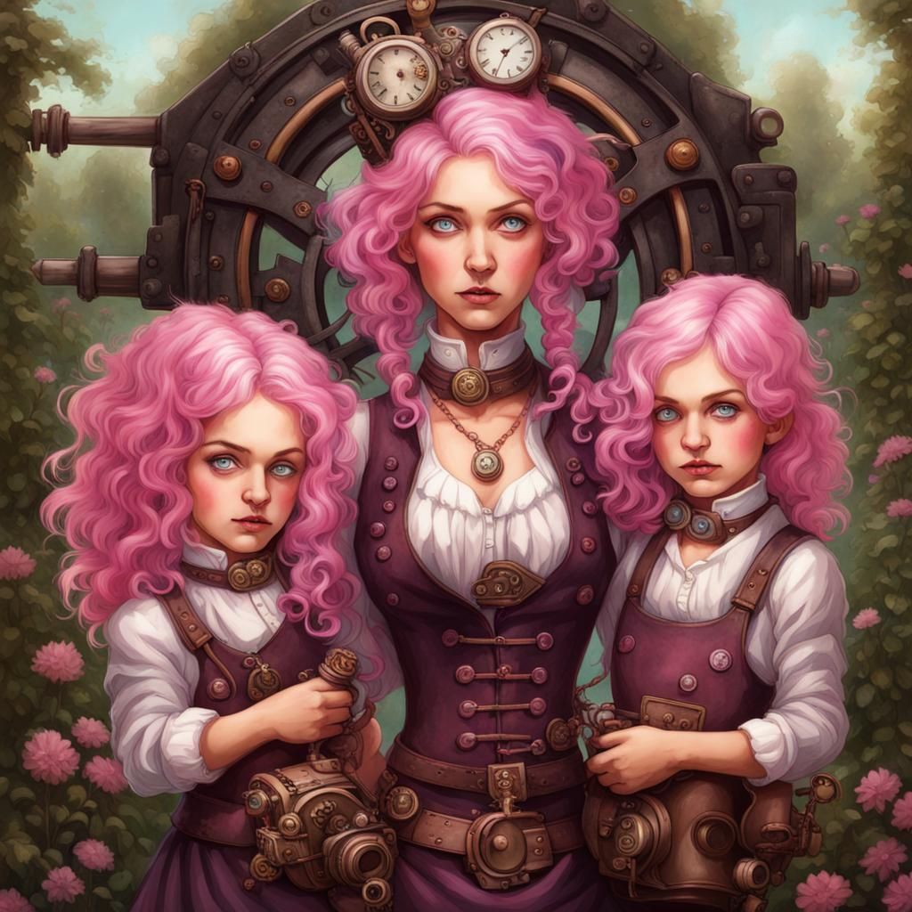 Pink-Haired Mother and Twins in Steampunk Garden