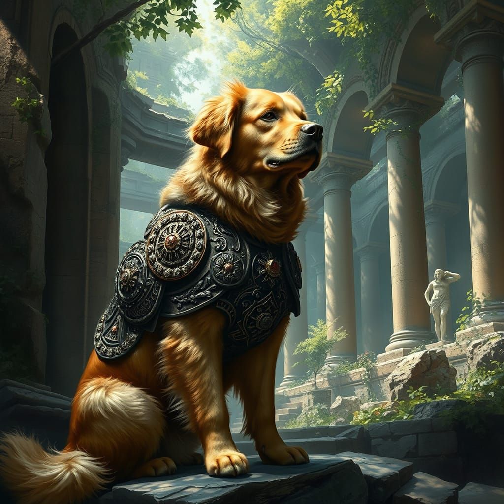 Golden Retriever Guards Ancient Temple in Baroque Fantasy St...