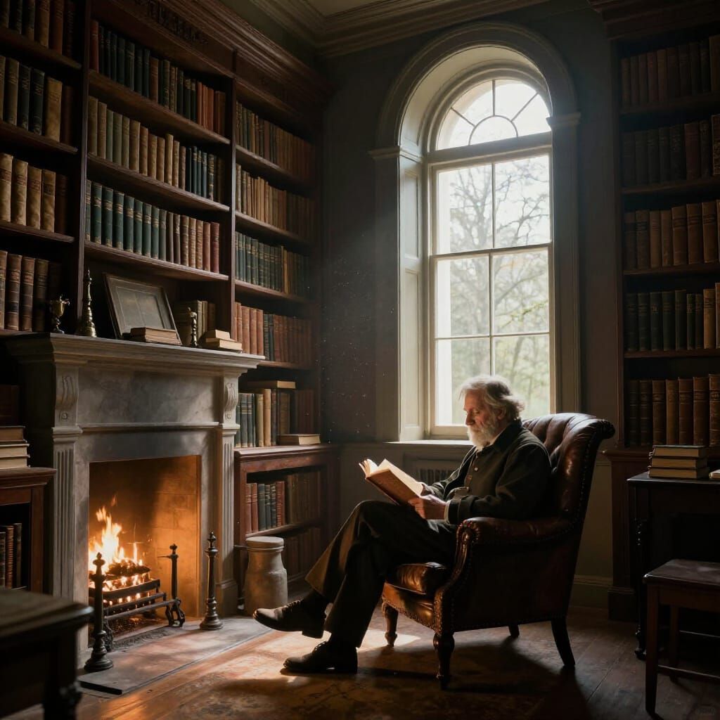 Sunlit Library Interior: Ancient Tomes and Reading Man