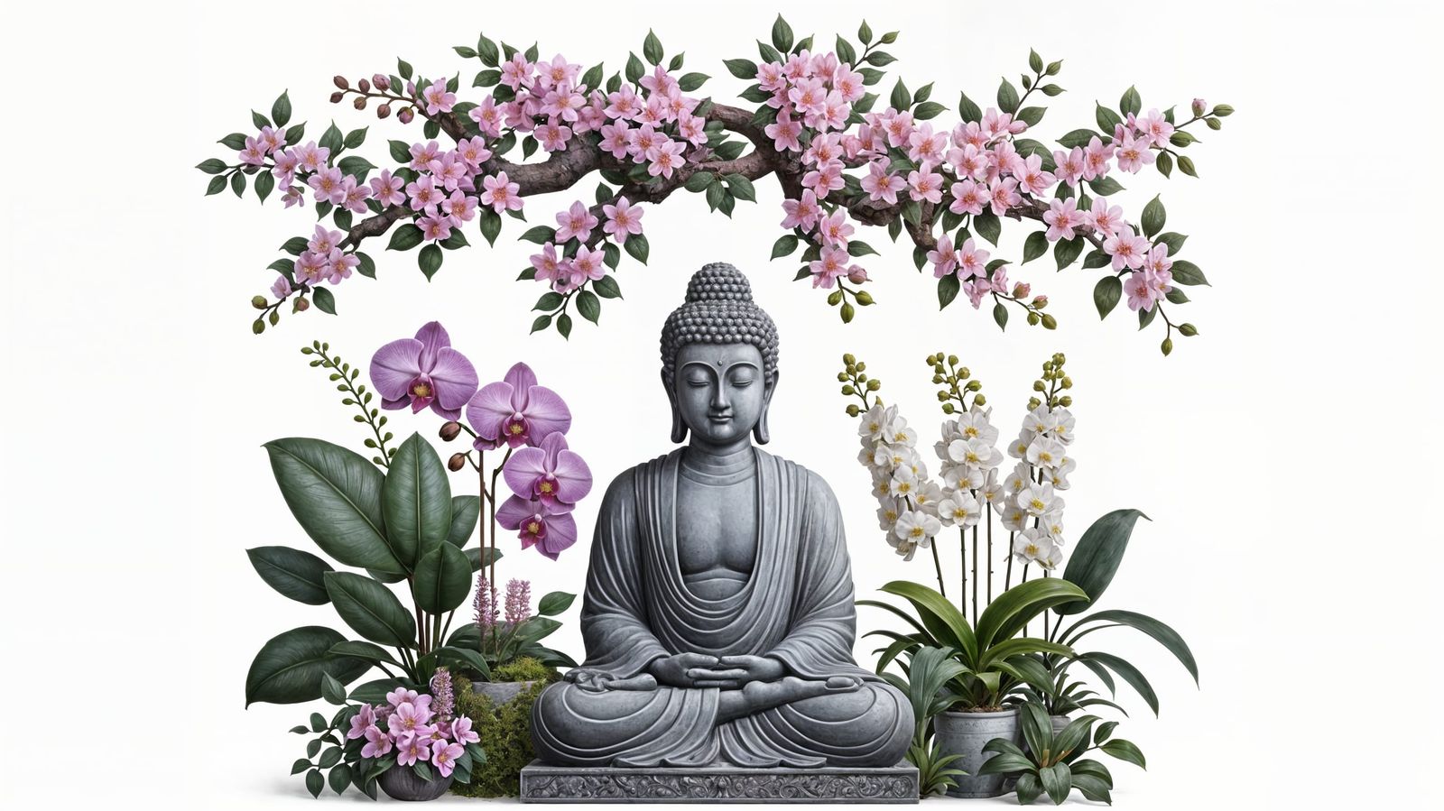 Buddha Statue with Orchids and Cherry Blossoms