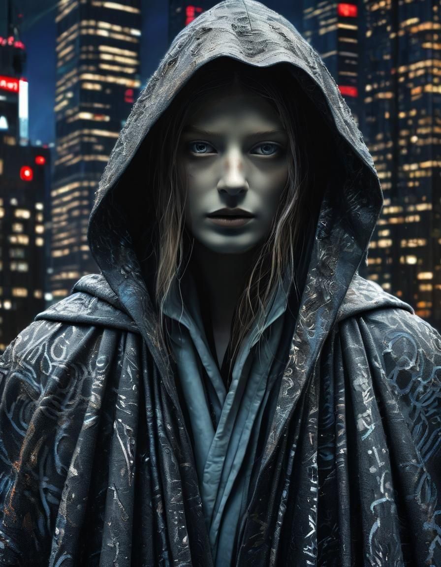 Ghostly Figure on Tokyo Skyscraper in Photorealistic Style